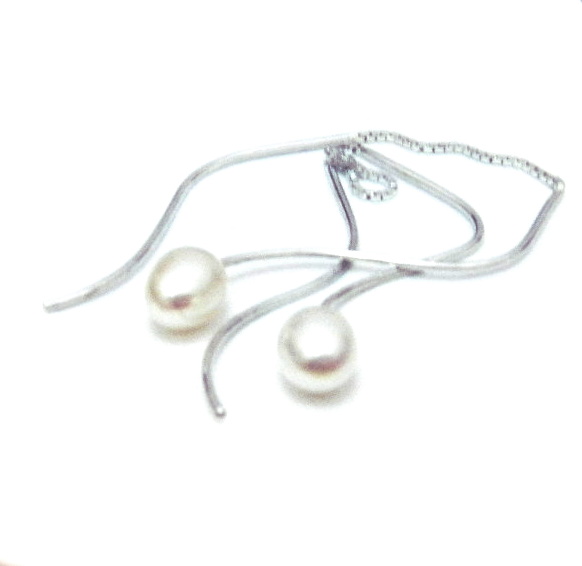 White Drop Pearl Curly Pull Through Earrings